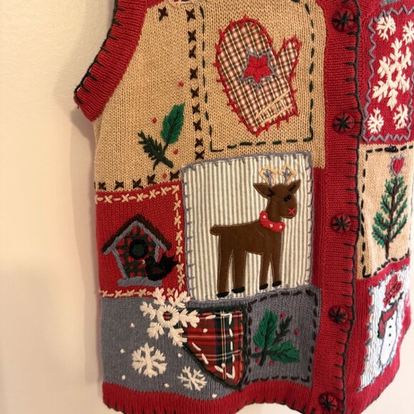 VINTAGE Christmas Sweater Vest | Patchwork Snowmen, Trees & Reindeer | Size M - Picture 5 of 9